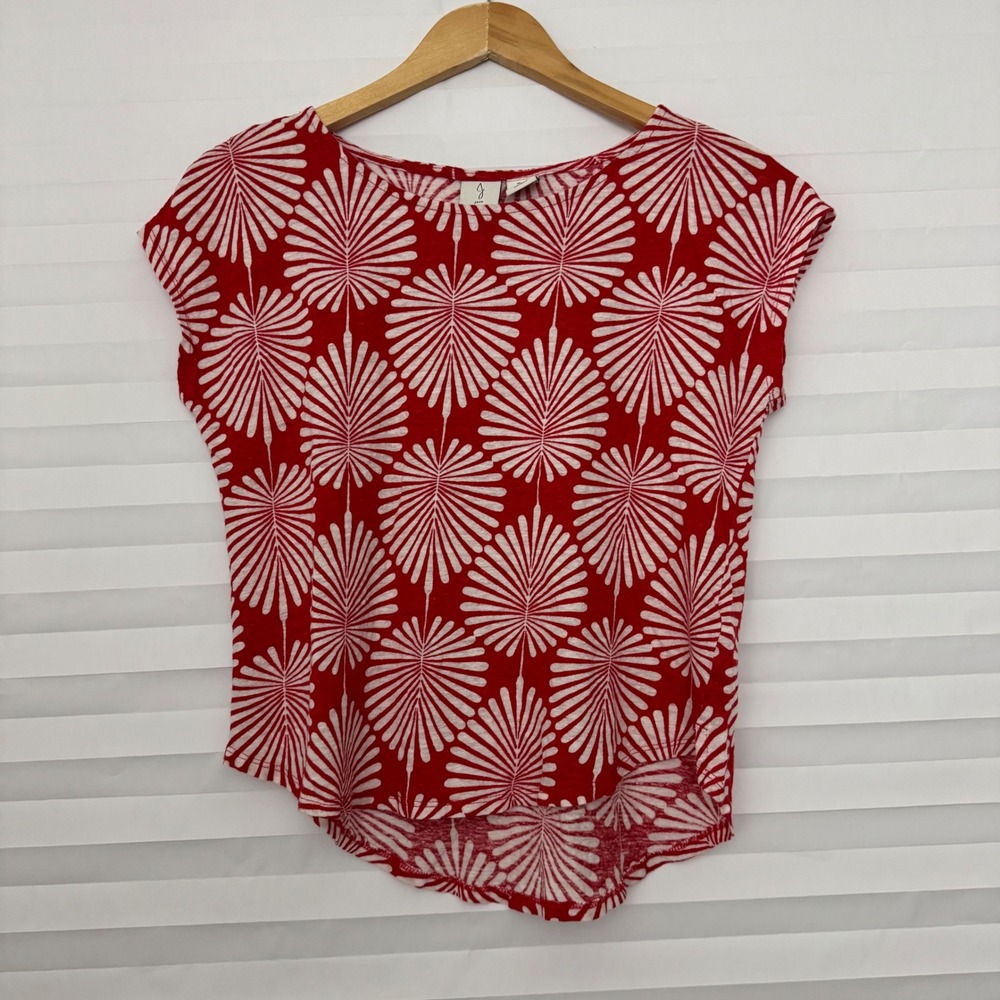 Joie Red White Palm Leaf Print 100% Linen Cap Sleeve High Low Top Large